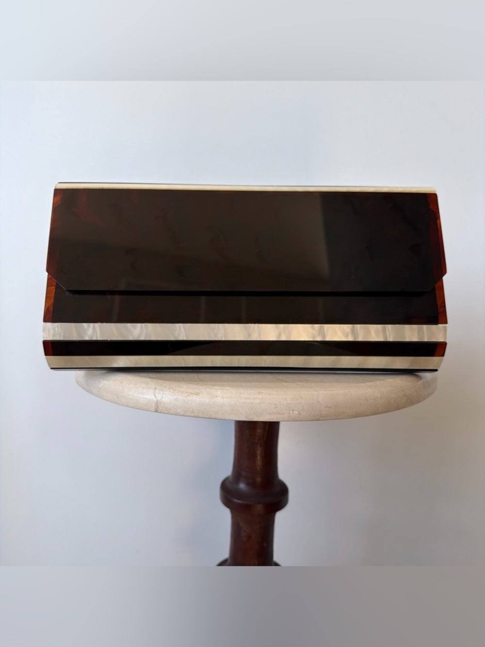 1970s Vintage Tortoiseshell Lucite & Mother of Pearl Inlay Envelope Clutch